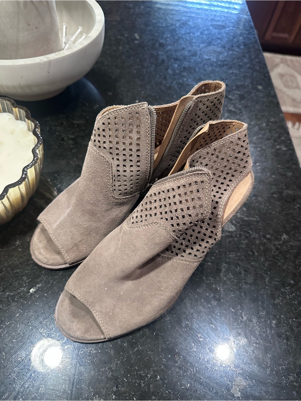 Lucky Brand Taupe Cutout Peep Toe Suede Booties